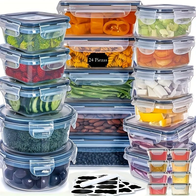 24pcs Kitchen Storage Container Set with Lids - Microwave-Safe, BPA-Free Plastic Food Containers for Fruits, Vegetables, Meats & More - Includes Labels & Marker Pen, Perfect for School, Office, Camping & Picnics